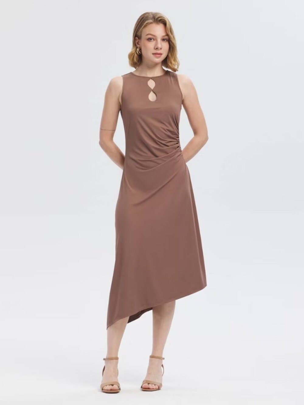 Women's Asymmetrical Jersey Midi Dress Brown Sleeveless Ruched Midi A New Day XS